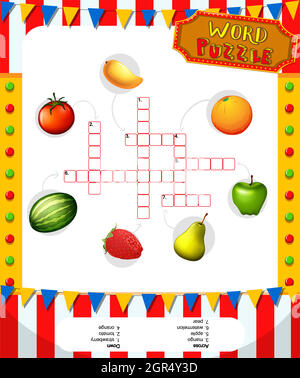 Modello di gioco di puzzle di parola con frutta Illustrazione Vettoriale