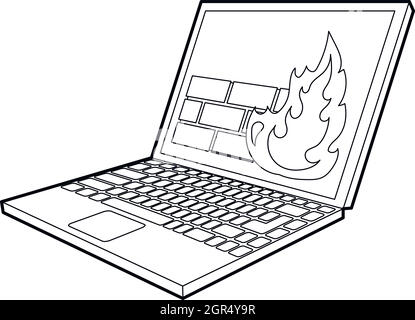 Firewall sul monitor di un laptop, l'icona di stile di contorno Illustrazione Vettoriale
