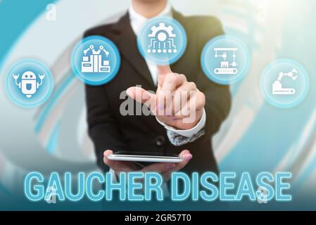 Testo della scrittura malattia di Gaucher. Business idea autosomica recessivo ereditato disordine del metabolismo Lady in uniforme di tenere compresse in mano virtualmente Foto Stock