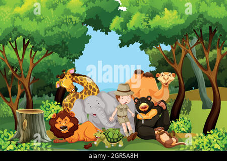 Un custode dello zoo con animali Illustrazione Vettoriale