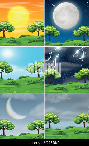 Set di natura in diverse condizioni meteorologiche Illustrazione Vettoriale