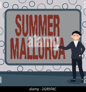 Didascalia concettuale Estate Mallorca. Parola per trascorrere la stagione delle vacanze nelle isole Baleari della Spagna Abstract Professore che dà lezioni Foto Stock