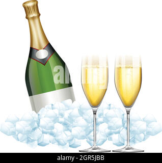 Due bicchieri di champagne e bottiglia in ghiaccio Illustrazione Vettoriale
