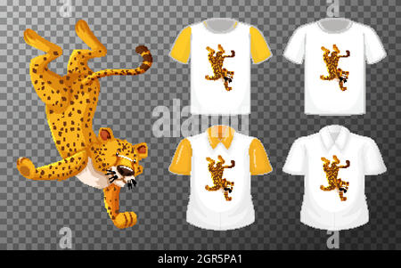 Leopardo in posizione danzante personaggio cartoon con molti tipi di camicie su sfondo trasparente Illustrazione Vettoriale