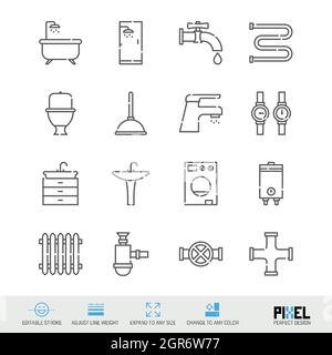 Impianto idraulico, ingegneria sanitaria relativa a linea vettoriale set di icone isolato su bianco. Design pixel Perfect. Tratto modificabile. Regolare lo spessore della linea. Espandere in un Illustrazione Vettoriale