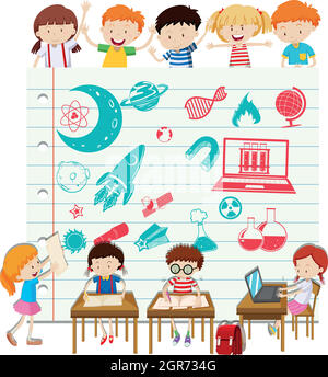 I bambini che fanno la scienza a scuola Illustrazione Vettoriale