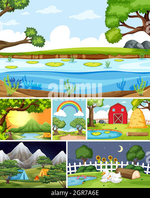 Sei scene diverse in natura impostazione stile cartoon Illustrazione Vettoriale