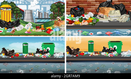Set di scene inquinate Illustrazione Vettoriale