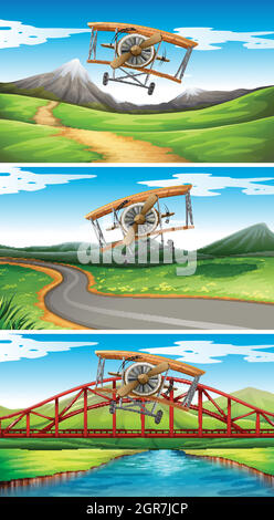 Tre scene di aeroplani volare in cielo Illustrazione Vettoriale