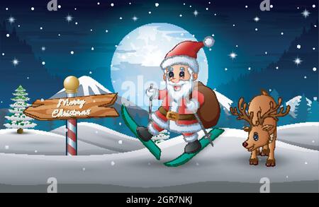 Buon babbo natale sci e un cervo sulla strada innevata Illustrazione Vettoriale