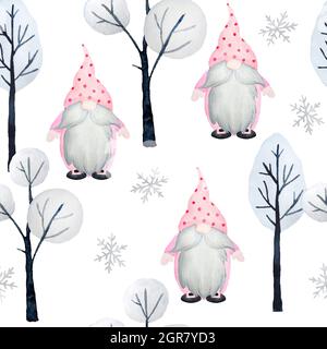 Acquerello senza cuciture con gnomes nordico pastello rosa. Natale nuovo anno regali fiocchi di neve alberi, baby ragazza disegno inverno celebrazione stampa per la carta di avvolgimento tessile Foto Stock