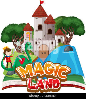 Font design per parola terra magica con drago e principe Illustrazione Vettoriale