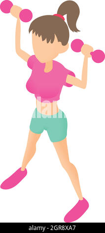 Ragazza di fitness con manubri icona, stile cartoon Illustrazione Vettoriale