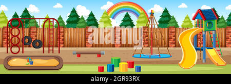 Parco giochi per bambini nel parco con l'arcobaleno nel cielo a giorno in stile cartoon panorama scena Illustrazione Vettoriale