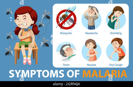 Infografica sui sintomi della malaria in stile cartoon Illustrazione Vettoriale