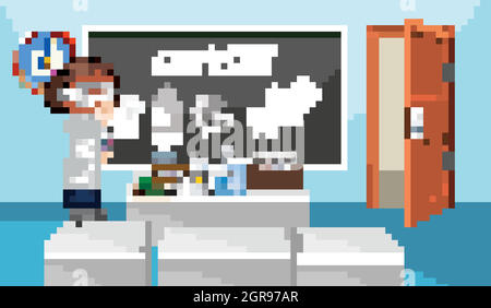 Scena in aula con insegnante di scienza di fronte alla classe Illustrazione Vettoriale