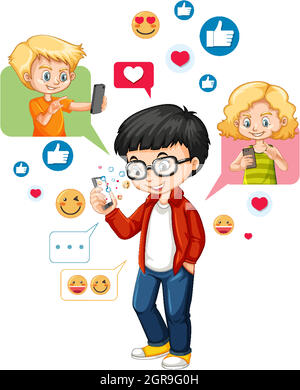 NERdy ragazzo utilizzando smartphone con i social media emoji icona stile cartoon isolato su sfondo bianco Illustrazione Vettoriale