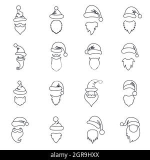 Cappelli di Babbo Natale, baffi e barba set di icone Illustrazione Vettoriale