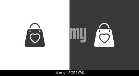 Shopping bag di San Valentino con cuore. Icona isolata su sfondo bianco e nero. Illustrazione del vettore glyph di commercio Illustrazione Vettoriale