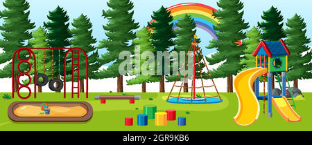 Parco giochi per bambini nel parco con arcobaleno nel cielo in stile cartoon diurno Illustrazione Vettoriale