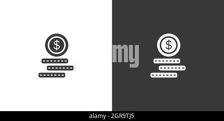 Denaro contante. Monete in dollari. Icona isolata su sfondo bianco e nero. Illustrazione del vettore glyph di commercio Illustrazione Vettoriale