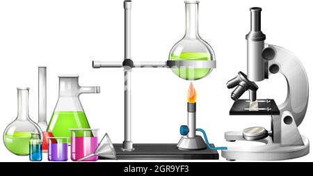 Set di attrezzature scientifiche su sfondo bianco Illustrazione Vettoriale