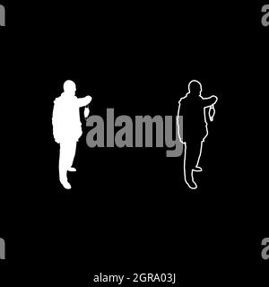 Uomo tenere faccia maschera medica in mano braccio indossare polvere personale protezione concetto Virus Coronavirus influenza epidemia prevenzione epidemia quarantena proteggere da inquinamento atmosferico silhouette bianco colore vettore illustrazione solido contorno immagine stile Illustrazione Vettoriale