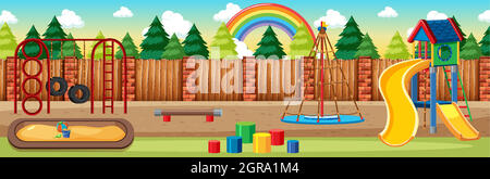 Parco giochi per bambini nel parco con l'arcobaleno nel cielo a giorno in stile cartoon panorama scena Illustrazione Vettoriale