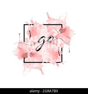 Le lettere minuscole e caligrafiche G e o sono scritte in una linea continua su uno sfondo colorato in un riquadro. Stile semplice Illustrazione Vettoriale