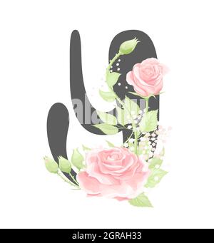 Lettera vettoriale dell'alfabeto floreale Y con fiori rosa panna rosa e foglie verdi Illustrazione Vettoriale