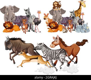 Animali selvatici gruppo stile cartone animato isolato su sfondo bianco Illustrazione Vettoriale