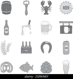 Birra set di icone, nero stile monocromatico Illustrazione Vettoriale