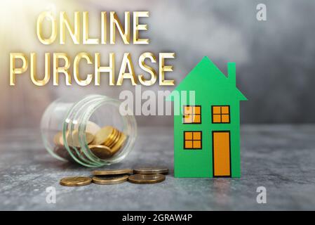 Scrittura visualizzazione testo Acquisto online. Parola per gli acquisti di merci di commercio elettronico da sopra il Internet che genera il contratto della proprietà per vendere Foto Stock