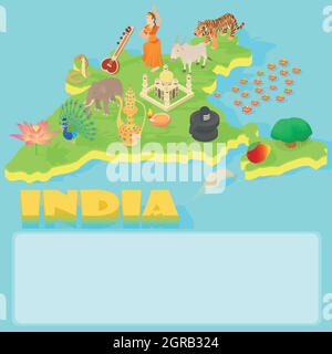 India mappa, stile cartoon Illustrazione Vettoriale