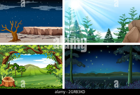 Quattro diverse scene giorno e notte della natura Illustrazione Vettoriale