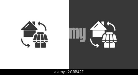 Casa e negozio. Concetto di shopping domestico. Icona isolata su sfondo bianco e nero. Illustrazione del vettore glyph di commercio Illustrazione Vettoriale