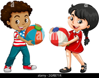 Diversi due bambini che tengono palla colorata Illustrazione Vettoriale
