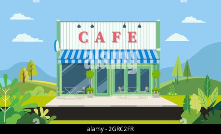 Facciata caffè vintage con paesaggio naturale. Illustrazione Vector. Negozio con strada nel parco. Edificio mercato piatto naturale scena. Cafe facciata design wi Illustrazione Vettoriale