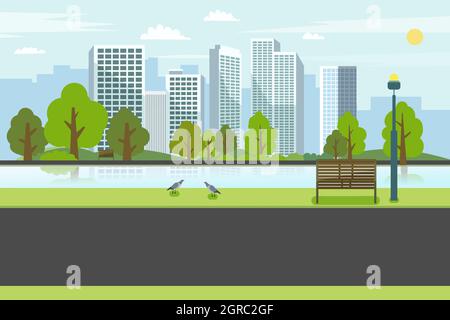 Parco pubblico con panchina fiume city.Road sul parco con fiume e paesaggio urbano.natura primavera scena con la città Illustrazione Vettoriale