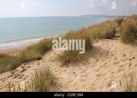 Camber, East Sussex, UK - 06.10.21: Sabbia campanaria East Sussex UK - vista delle dune di sabbia campanaria con cielo e mare dune tenute insieme con erbe Foto Stock