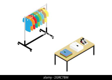 Abiti eleganti alla moda presso un negozio di abbigliamento o una boutique di abbigliamento. Abbigliamento alla moda in negozio. Moda veloce e mercato di massa. Vettore di vista isometrica guardaroba Illustrazione Vettoriale