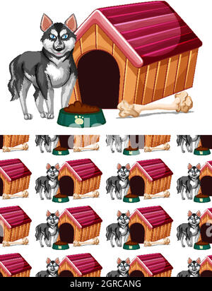 Sfondo senza cuciture con cane e doghouse Illustrazione Vettoriale