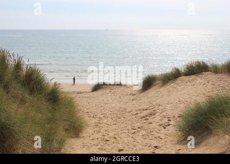 Camber, East Sussex, UK - 06.10.21: Sabbia campanaria East Sussex UK - vista delle dune di sabbia campanaria con cielo e mare dune tenute insieme con erbe Foto Stock