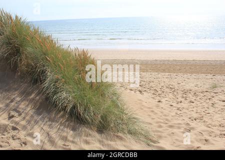 Camber, East Sussex, UK - 06.10.21: Sabbia campanaria East Sussex UK - vista delle dune di sabbia campanaria con cielo e mare dune tenute insieme con erbe Foto Stock