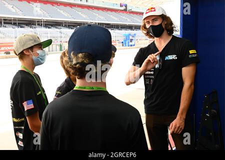 Austin, Stati Uniti. 30 settembre 2021. Conferenza stampa per MotoGP Red Bull Grand Prix of the Americas al Circuit of the Americas Blvd, Austin, Texas, Settembre 30, 2021 in foto: FIM MiniGP North America Series TOP Three Kensei Matsudaira, Jesse James Shedden e Jayden Fernandez insieme a Joe Roberts Rueda de prensa del Gran Premio Red Bull Grand Prix de las Americas en el circuito de las Americas Blvd, Austin, Texas, 30 de Septiembre de 2021 POOL/ MotoGP.com/Cordon le immagini per la stampa saranno solo per uso editoriale. Credito obbligatorio: © motogp.com Credit: CORDON PRESS/Alamy Live News Foto Stock