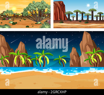 Tre diverse scene di paesaggio naturale Illustrazione Vettoriale