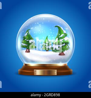 Vector 3d realistico globo di vetro della neve con albero di Natale su sfondo blu. Illustrazione Vettoriale