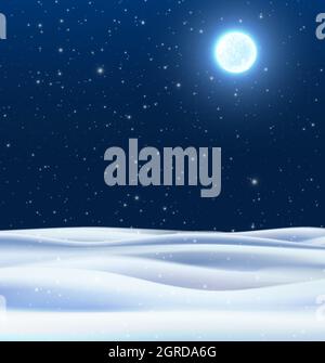 Sfondo notturno realistico vettoriale invernale con campi di neve e cielo blu con la luna che brilla. Illustrazione Vettoriale