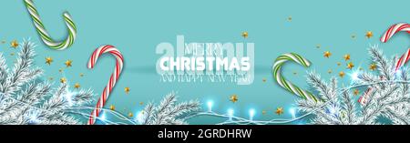 Vector banner realistico buon Natale e Felice Anno Nuovo. Con elementi festivi orientamento orizzontale in blu con abete bianco tre. Illustrazione Vettoriale