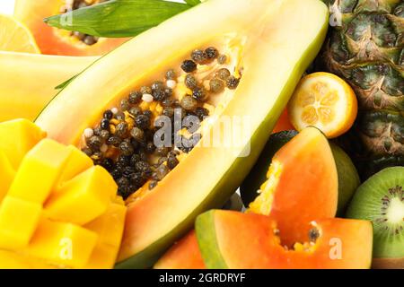 Frutti esotici su sfondo, primo piano. Foto Stock